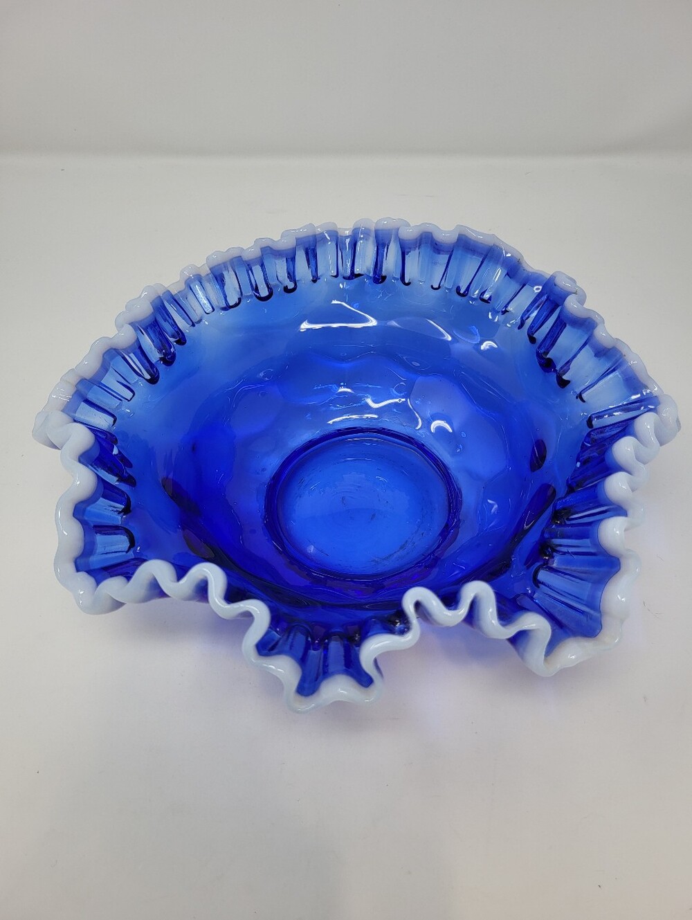 Vintage Fenton Snowcrest‎ Bowl Cobalt Blue Thumbprint Ruffle Edge Art Glass